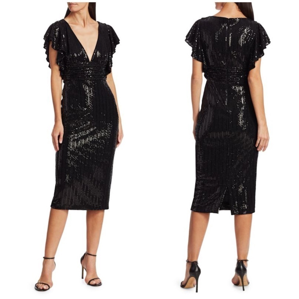 NWT Badgley Mischka Sequin Flutter Sleeve Sheath Dress Sparkle Party Black Sz 2